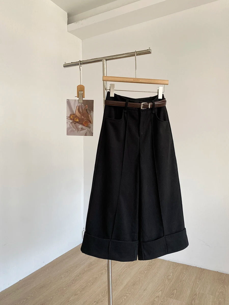 Retro design with rolled edge high waist casual pants 2025 autumn new slim fit and versatile wide leg pants for women