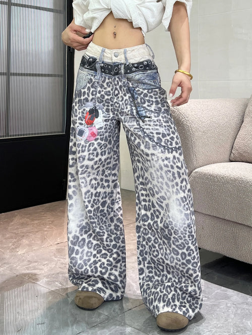 1PC Vintage Leopard Print High-Waist Loose Women's Jeans, Fashionable Design, Street Style Casual Versatile Wide-Leg Pants