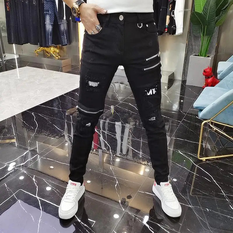 Luxury 2023 Men's High Street Korean Black Jeans with Zipper Distressed Hole Designer Youth Trend Slim-Fit Black Cotton Trousers