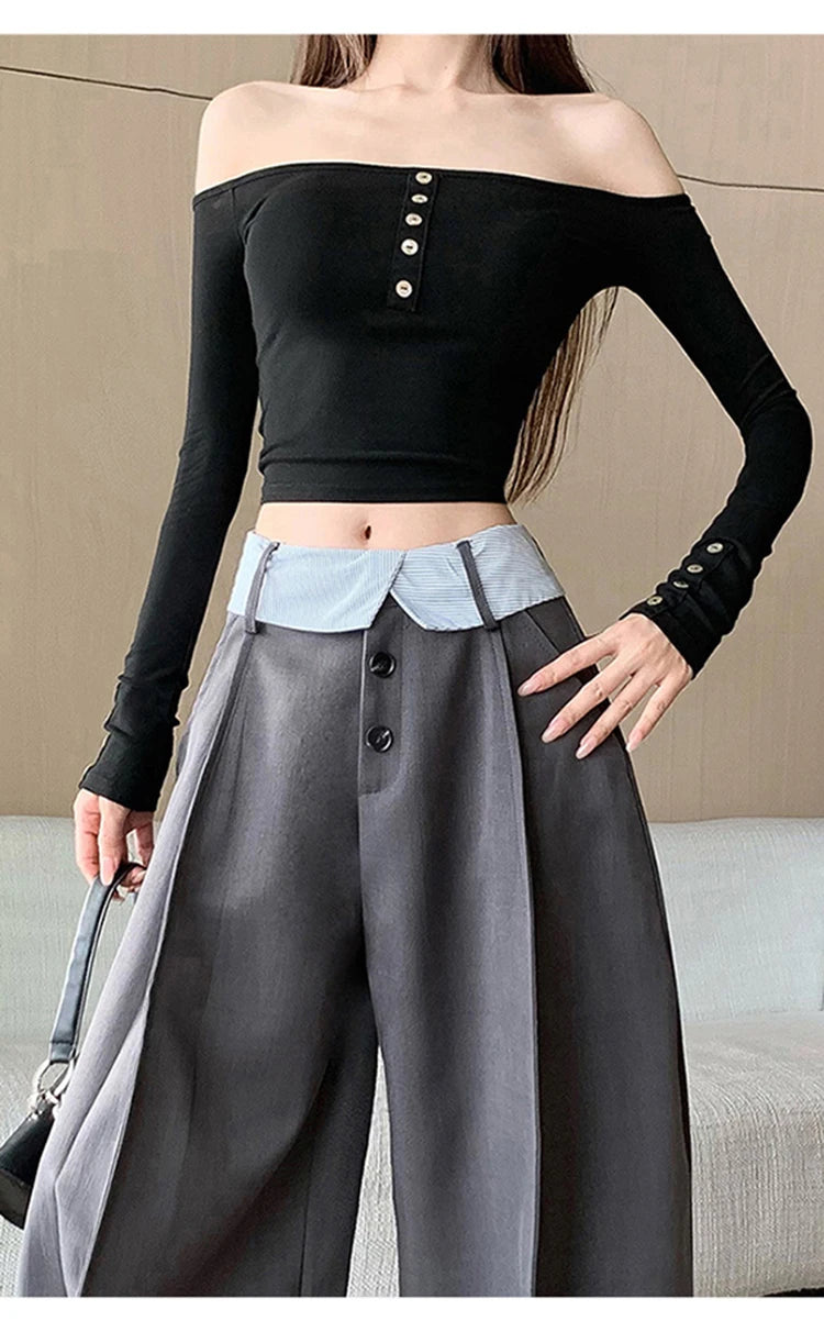 Suit wide leg pants women's autumn and winter striped patchwork high waisted casual fashion versatile straight leg pants
