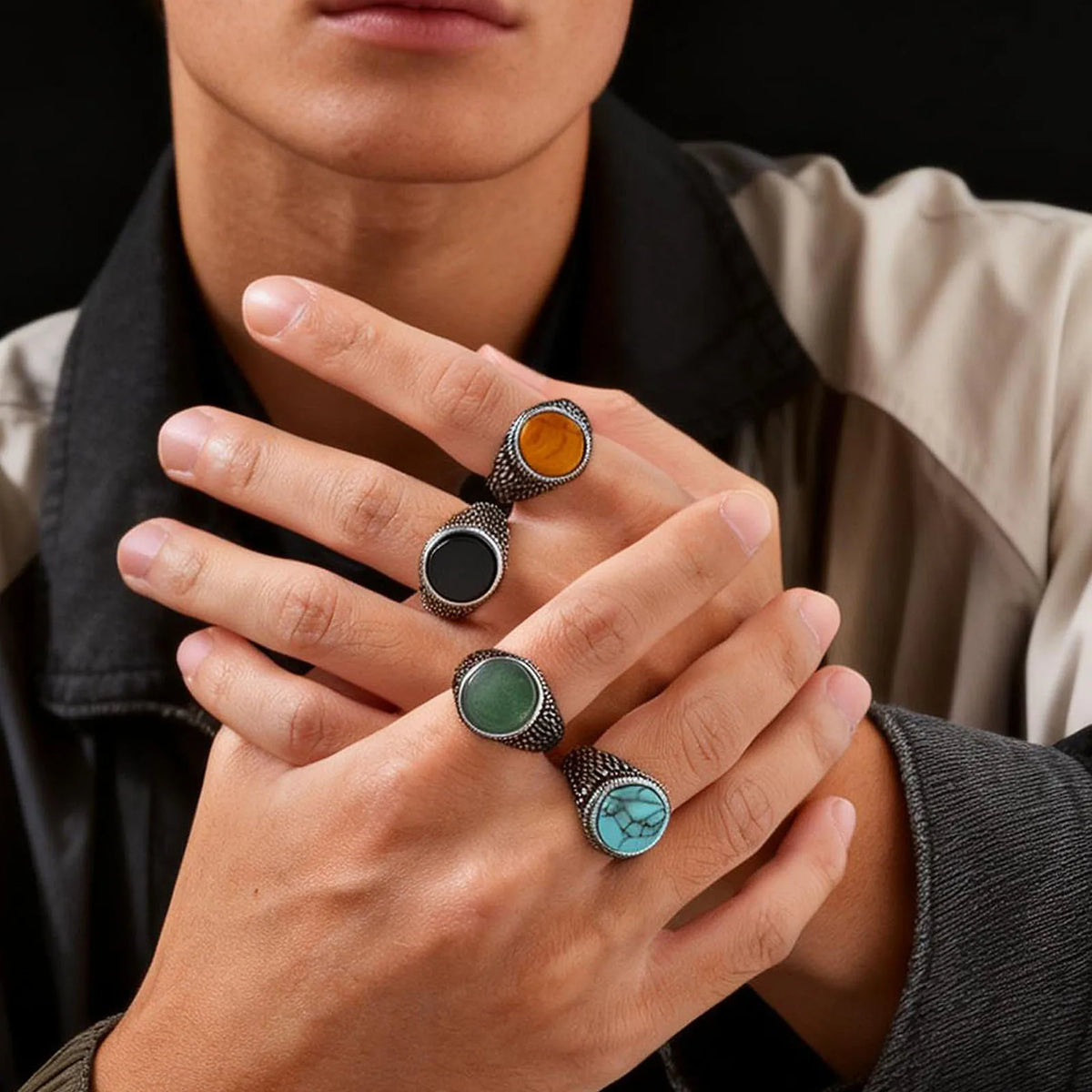 Punk Vintage Ethnic Rings for Men,Stainless Steel Natural Stone Scale Ring,Round Stone Signet Ring Gift for Husband Dad Son