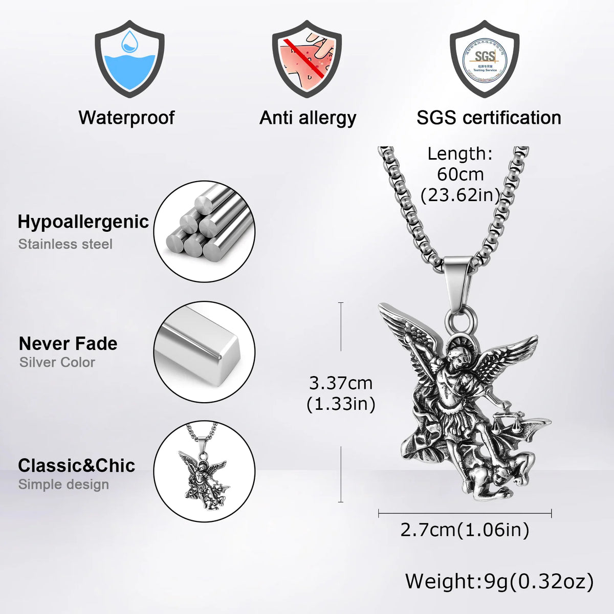 Stainless Steel Archangel St. Michael Pendant Necklace for Men Women, Religious Guardian Angel Protection Amulet Jewelry Gift