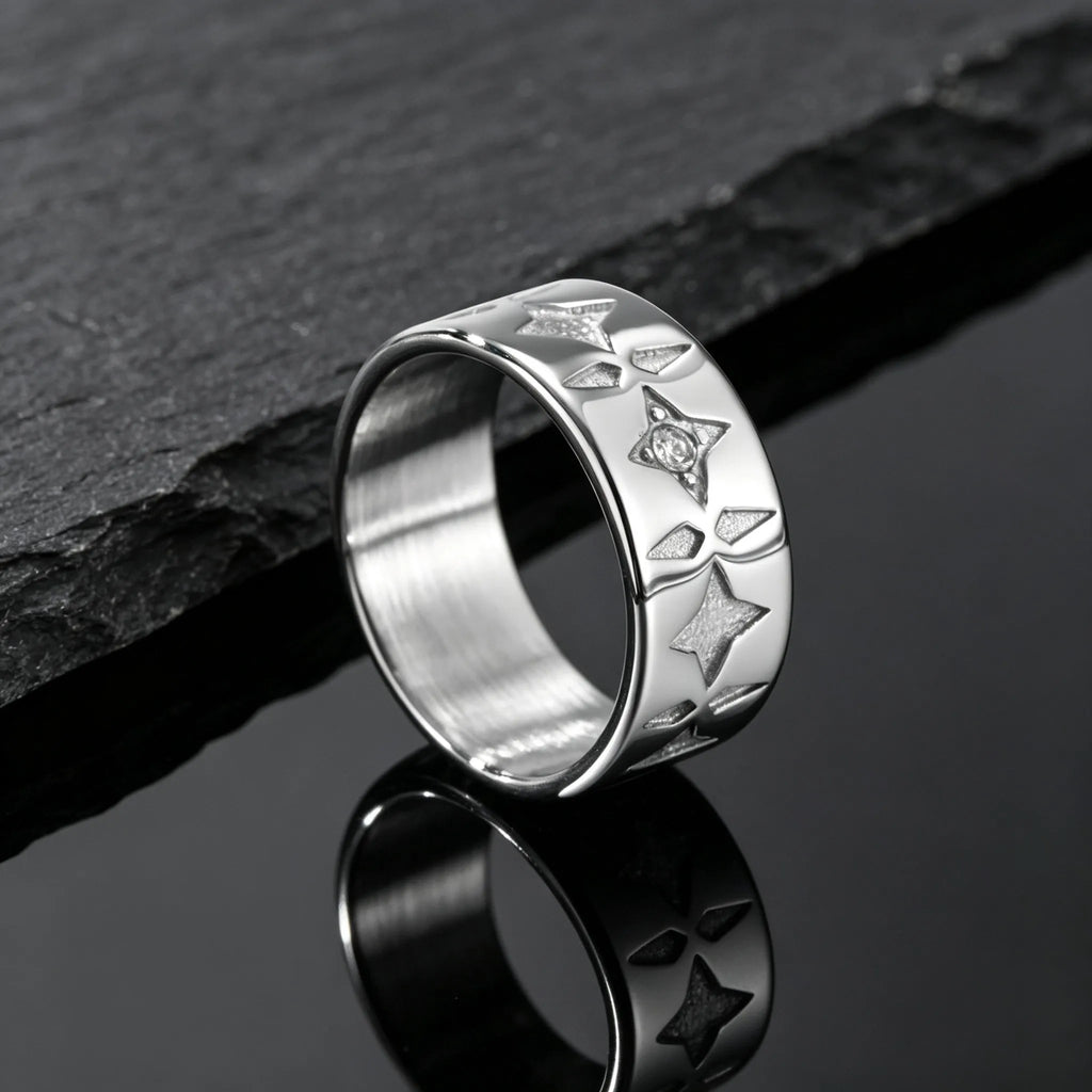 Stainless Steel Wide Band Star Ring for Men,Cubic Zirconia Five Pointed Star Rings,Vintage Punk Unisex Finger Ring Jewelry Gift