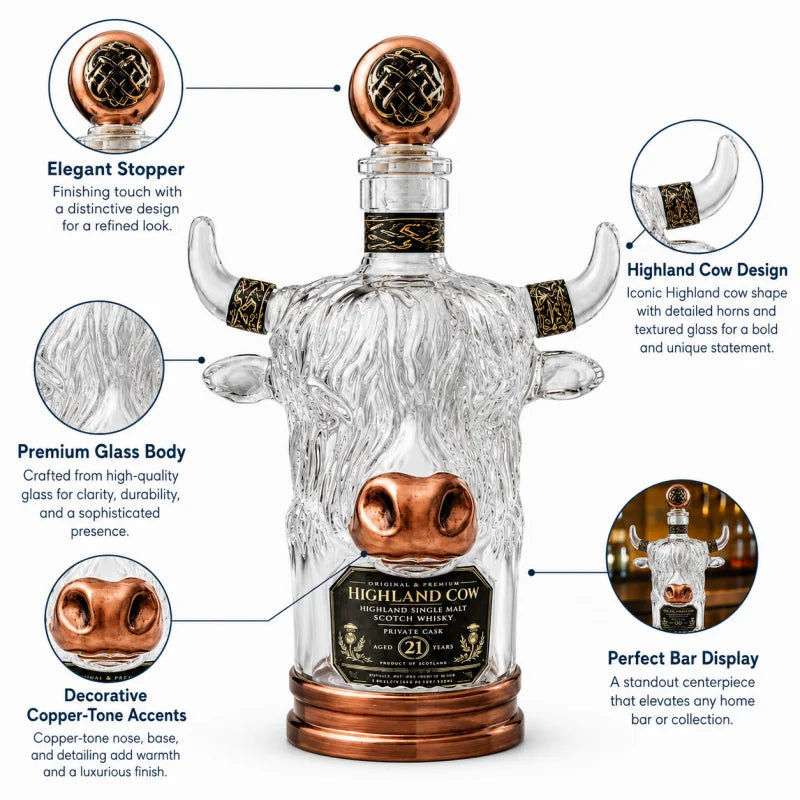 Scottish Highland Cow Glass Whiskey Decanter Vintage Copper Accent Liquor Bottle for Home Bar Display and Men’s Gift