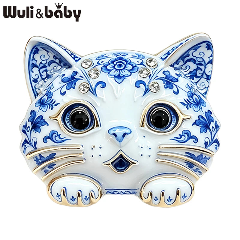 PENDRA Porcelain Cats Blue-and-White Rhinestone Brooch