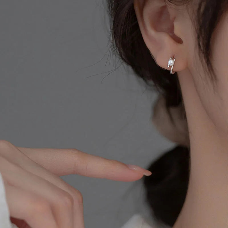 VENTFILLE 925 Stamp Gold Silver Color Pearl Earring For Women Girl Double Layer Curve Offic Jewelry Birthday Gift Dropshipping