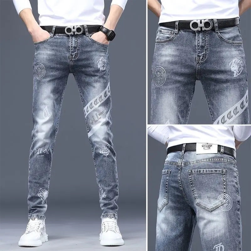2025 Summer Ripped Jeans Men's Slim-fitting Small Feet Elastic Trousers Trendy Brand Fashion Scratched Patch Cargo Beggar Pants
