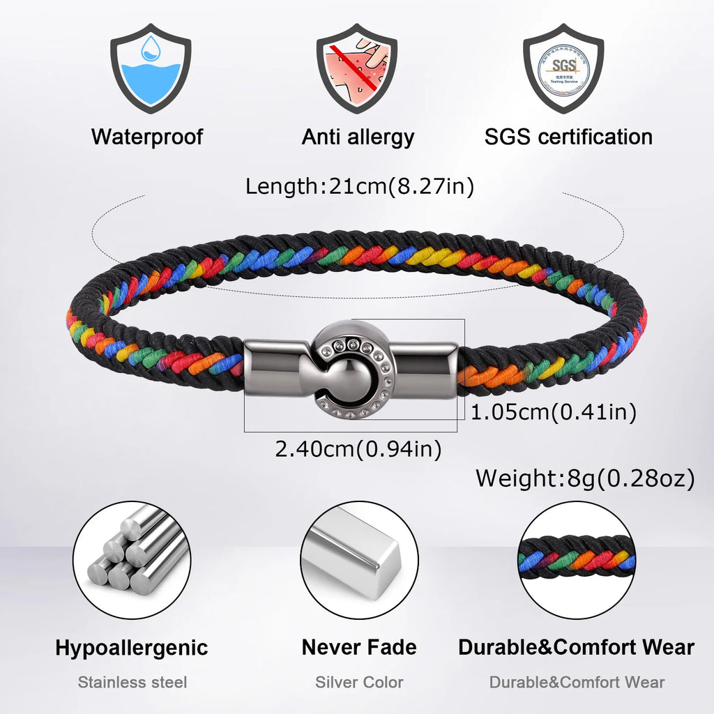 Men's Rainbow Braided Rope Bracelet,LGBT Pride Colorful Handmade Braided Bracelet with Stainless Steel Magnetic Clasp