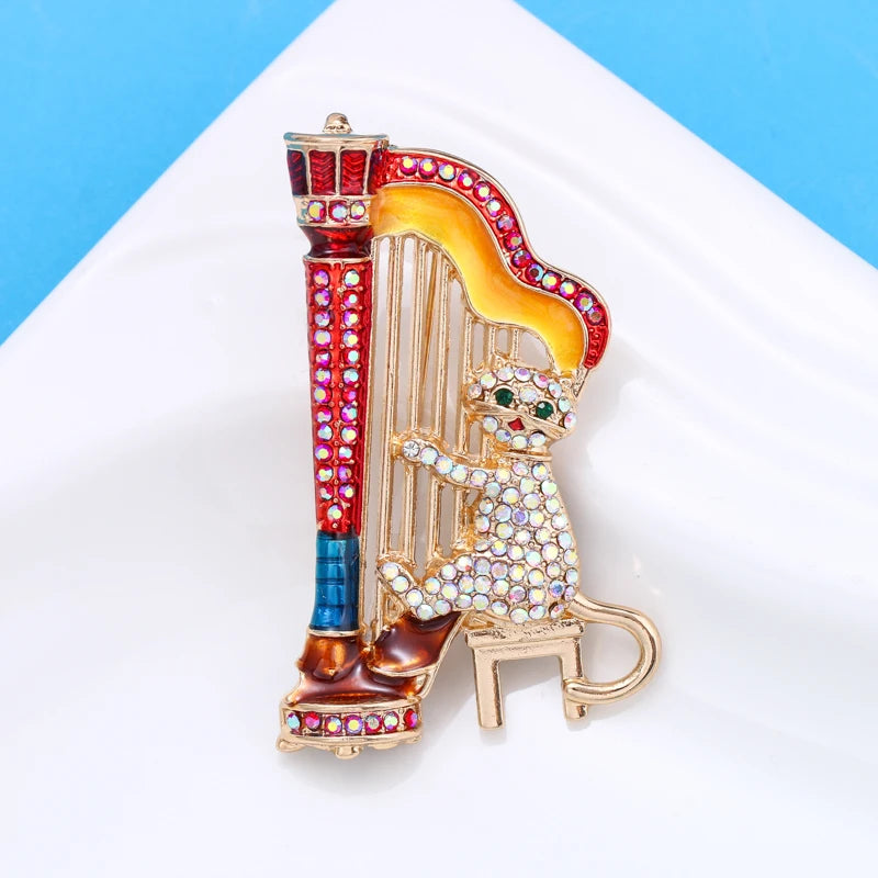 Wuli&baby Sparkling Music Cat Brooch Playing Harp Musician Multicolor Rhinestone Cute Animal Women Brooch Pins Jewelry Gift