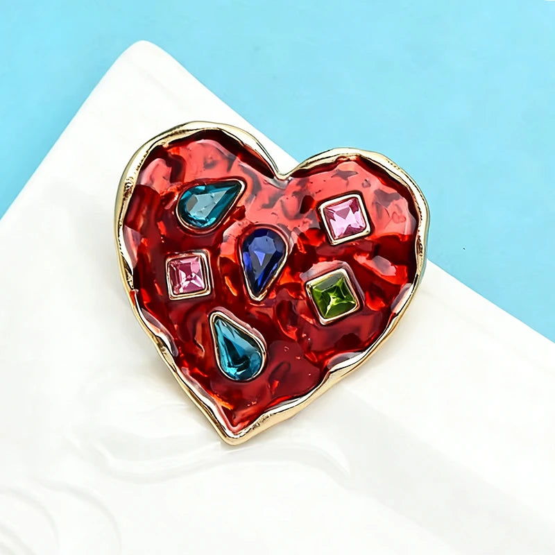 Wuli&baby Heart Brooches Women Unisex Rhinestone 2-color Red Heart Badge Brooch Pins Gifts