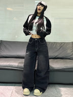 American Retro Spider Web Embroidery Design Black Loose High-Waist Jeans Women Y2K Street Fashion Versatile Wide-Leg Pants