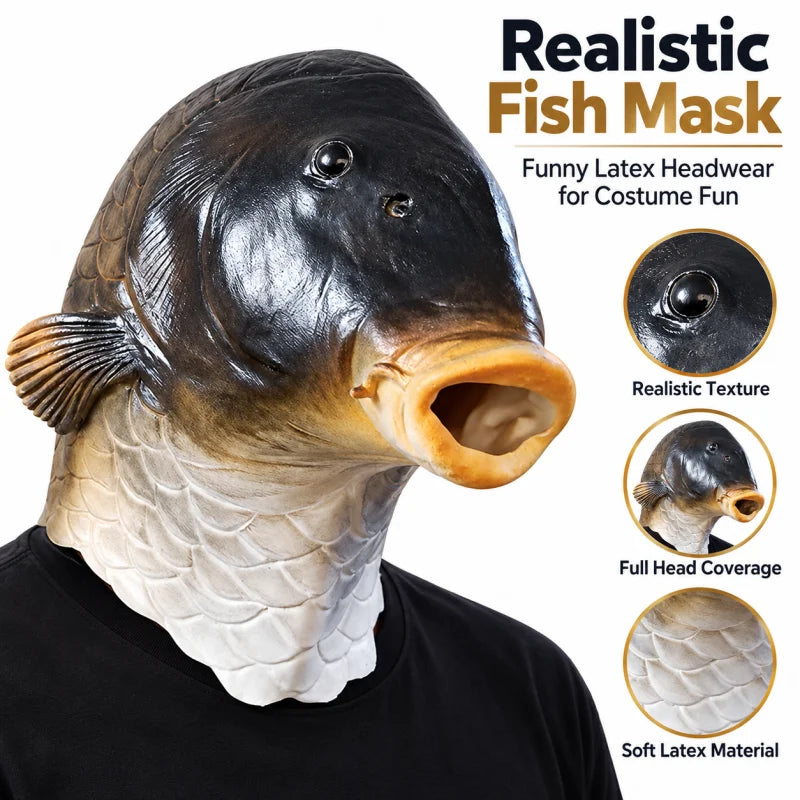 Funny Fish Latex Mask Halloween Costume Realistic Carp Head Mask for Party Cosplay Masquerade