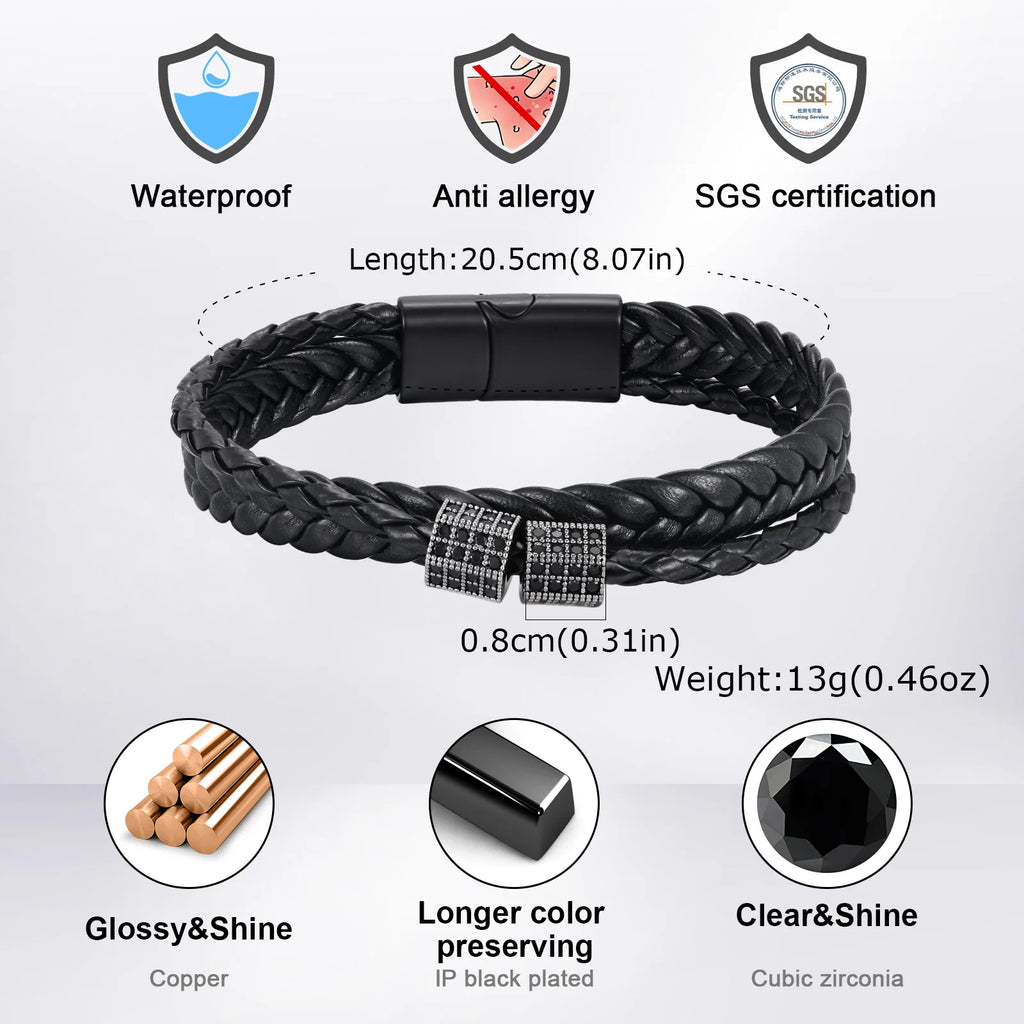 Black Braided Cord Bracelet for Men,Crystal Zircon Bead Charm Layered Punk Wristband,Streetwear Punk Casual Jewelry Gift