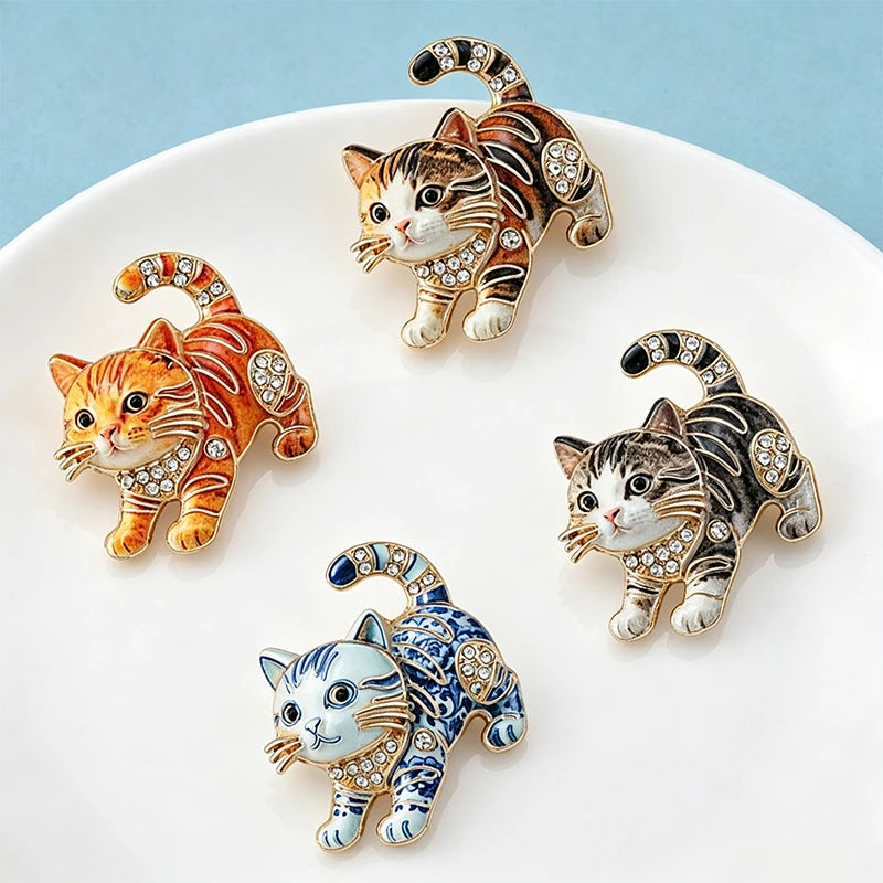 PENDRA Playful Kitty Rhinestone Brooch