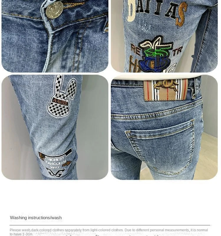 Luxury Brand Men's Slim Denim Jeans Casual Pencil Pants with Embroidery 2024 New Korean Fashion Autumn Summer Blue Long Pants