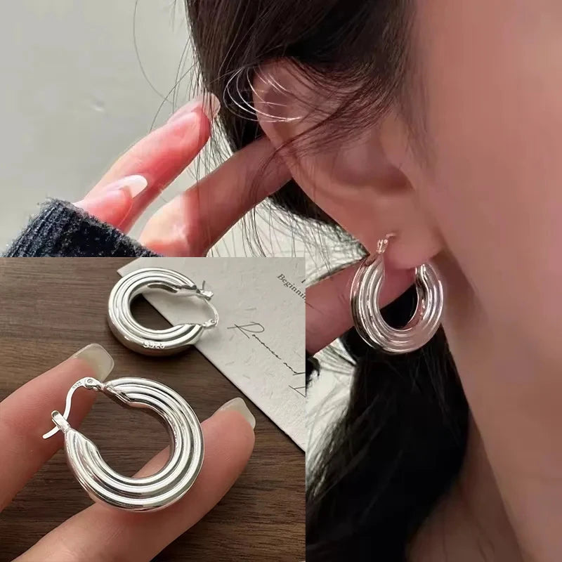 VENTFILLE 925 Sterling Silve Geometry Hoop Earring for Women Frosting Classic Minimalist Versatile Wide Jewelry Gift Dropship