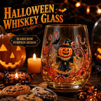 Halloween Pumpkin Scarecrow Whiskey Glass Stemless Tumbler with Crow Sticker Design for Party Drinkware Gift