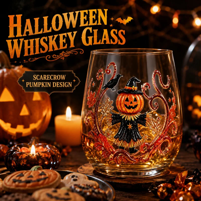Halloween Pumpkin Scarecrow Whiskey Glass Stemless Tumbler with Crow Sticker Design for Party Drinkware Gift