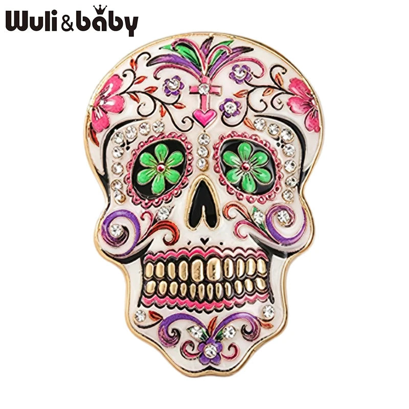 Wuli&baby Candy Skull Brooches For Women Unisex 4-color Enamel Floral Pattern Skeleton Party Casual Brooch Pin Gifts
