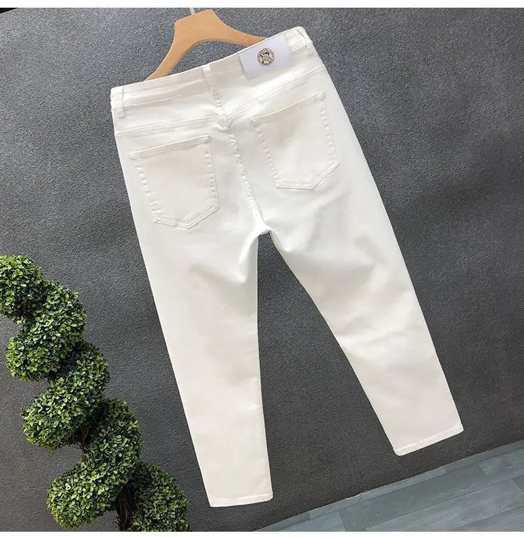 High-Quality Korean Street Men's Slim Jeans for Spring and Autumn with Denim Fabric and Casual Solid White Black Punk Trousers