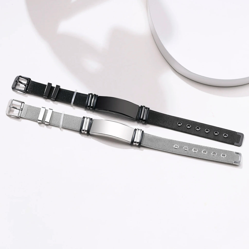 Free Engraving,Stainless Steel Mesh Band Bracelet,Adjustable Bracelet for Men Gift