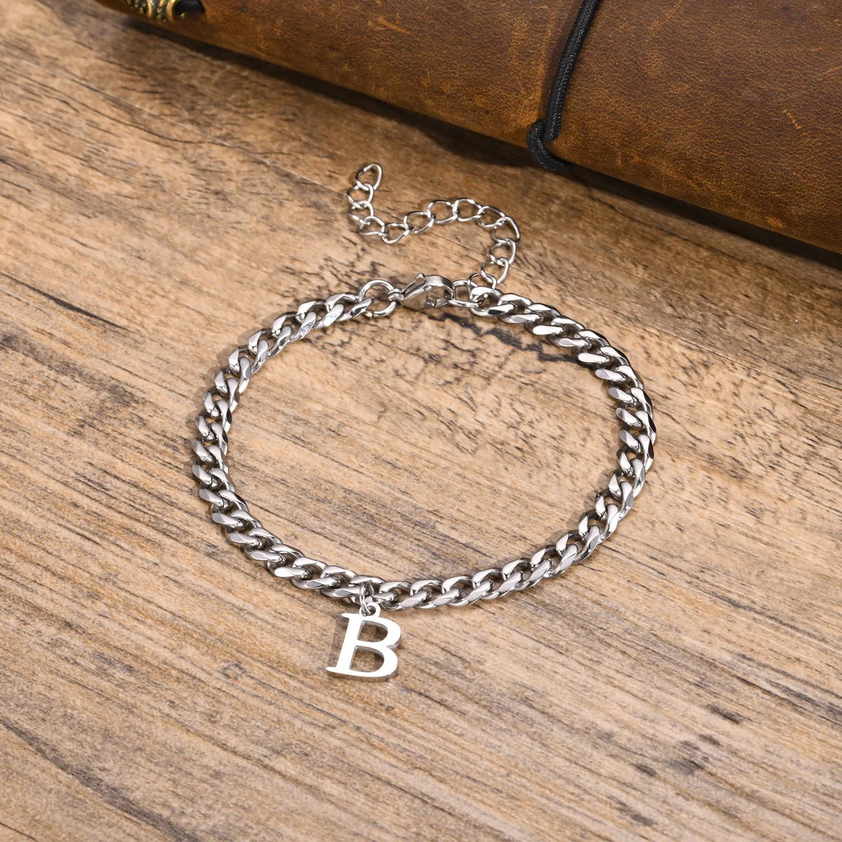 Mens Initials Cuban Links Bracelets,Stainless Steel A-Z 26 Letters Alphabet Charm Chain Wristband Adjustable,Casual Jewelry Gift