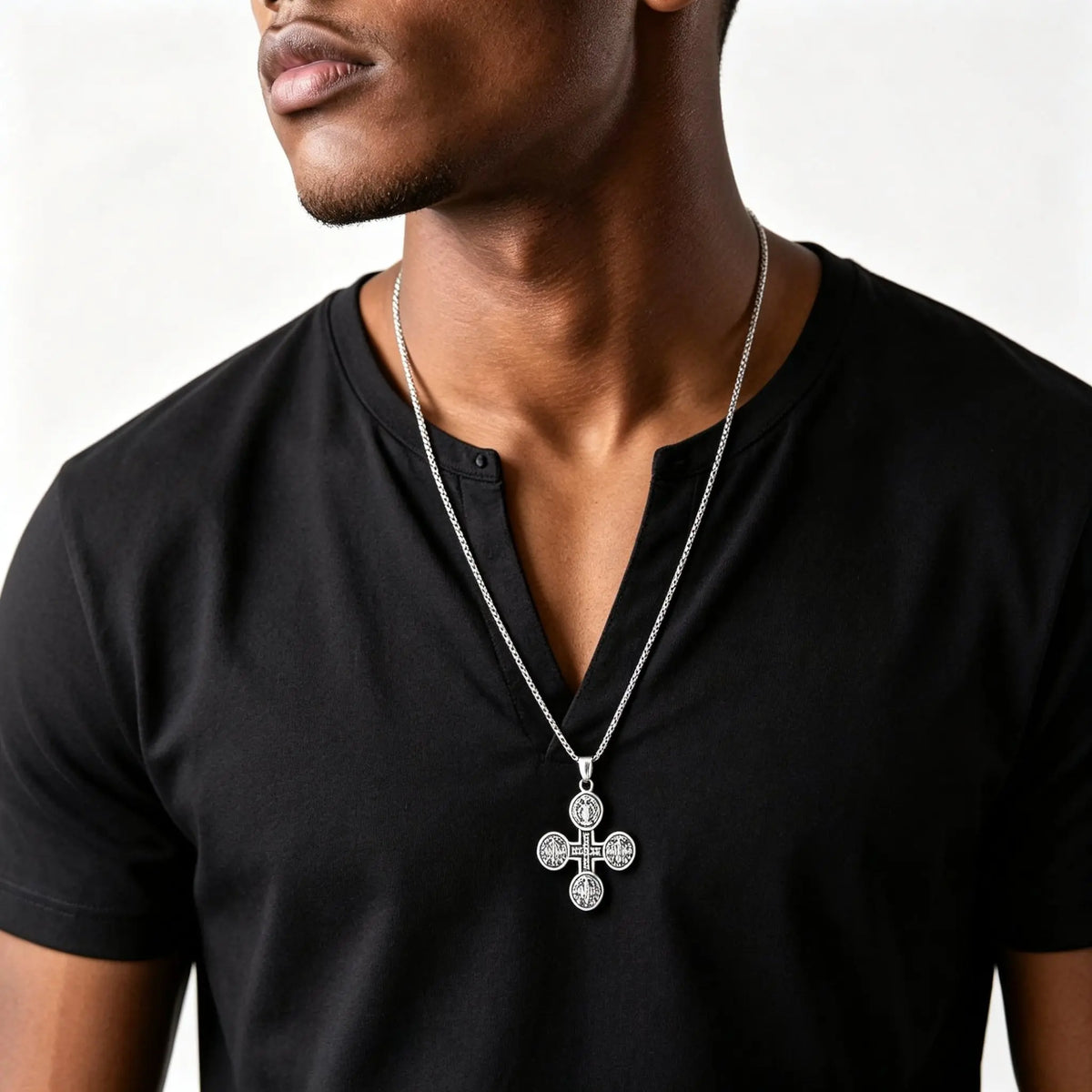Saint Benedict Pendant Necklace for Men,Stainless Steel Religious Cross Pendant Necklace,Faith Prayer Jewelry