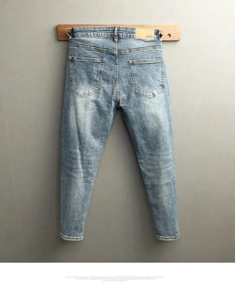 Men's Cropped Jeans Slim Fit Korean Trendy 2026 Spring Summer Blue Youth Trendy High-end Motorcycle Pants Men Man Trousers