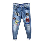 Spring Summer White Hot Drill Ripped Cowboy Korean Style Streetwear Men Washed Luxury Holes Slim Hip-hop Stylish Jeans Trousers