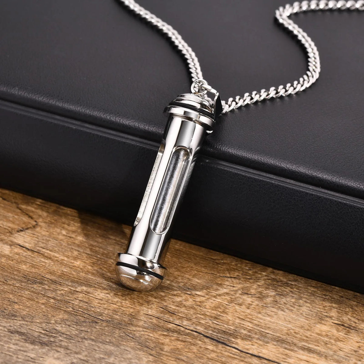 Men Stylish Stainless Steel Cylinder Pendant Necklace,Timeless Memorial Time Capsule Keepsake Gifts Jewelry