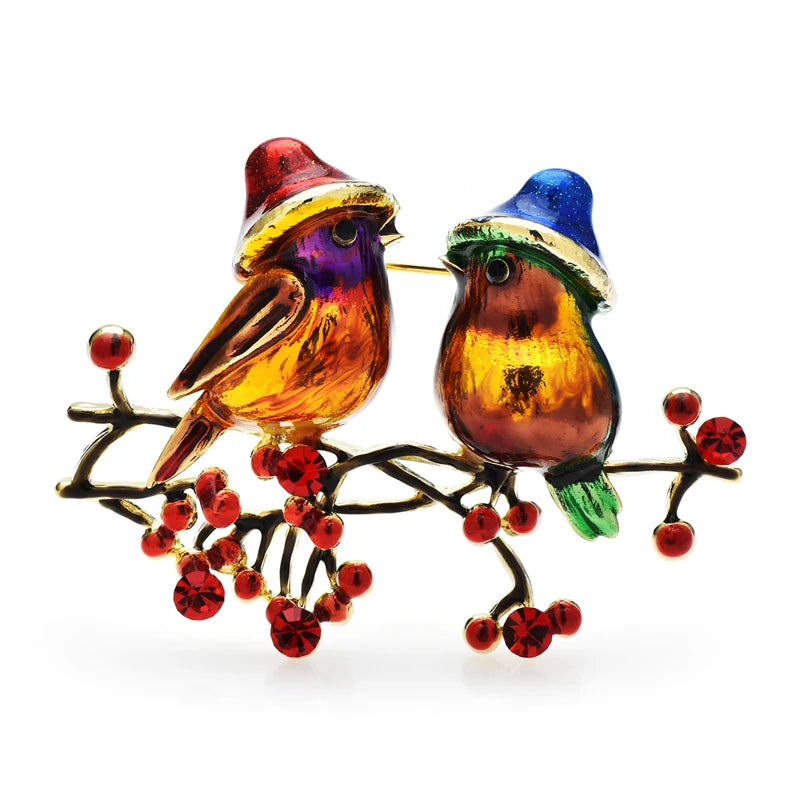 Wuli&baby Cute Two Birds Brooches For Women 2-color Enamel Rhinestone Talking Bird Animal Party Office Brooch Pin Gifts