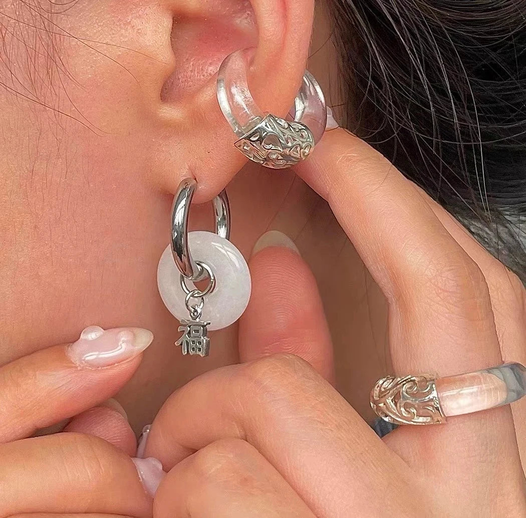 VENTFILLE Unique Green Jade Round Stainless Steel Hoop Earrings For Women Vintage Elegant Earclip Earrings Statement Jewelry