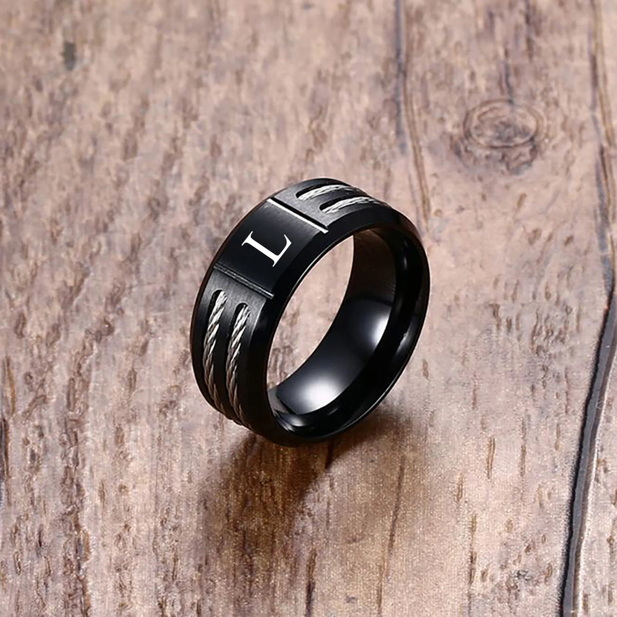 Stylish Black Mens Initial Ring, Waterproof Stainless Steel A-Z Letter Wedding Bands for Male Boys Finger Gift Jewelry