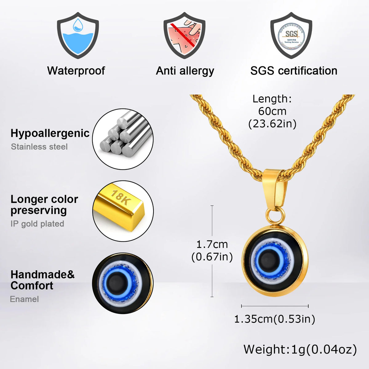Casual Evil Blue Eye Necklaces for Men Boys,Stainless Steel Round Pendant ,Ethnic Turkish Amulet Gifts Jewelry
