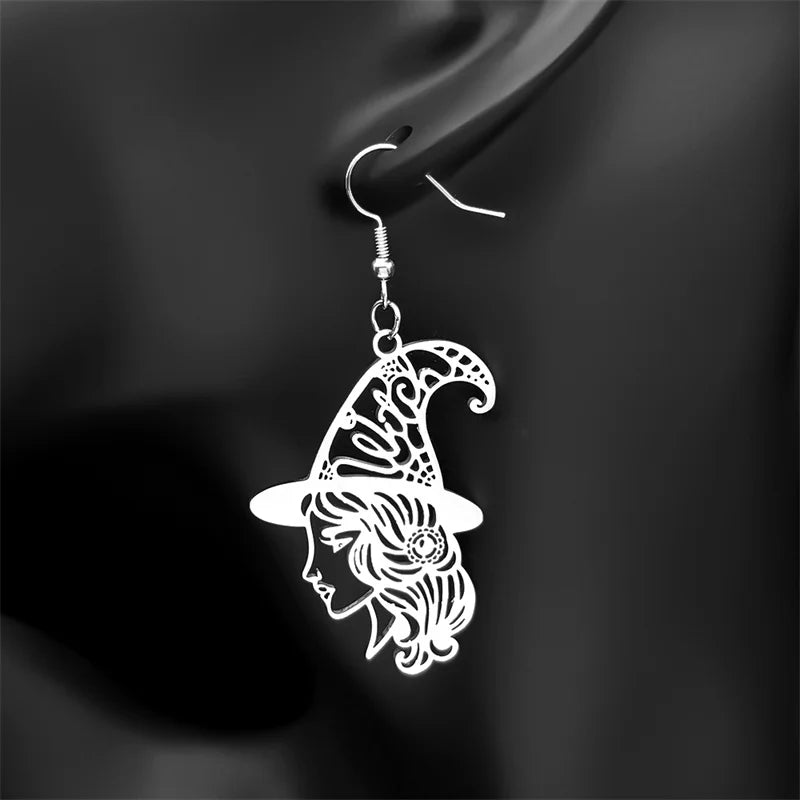 Witch Girl Hat Flower Drop Earring for Women Stainless Steel Black Silver Color Hollow Wicca Halloween Earrings Jewelry