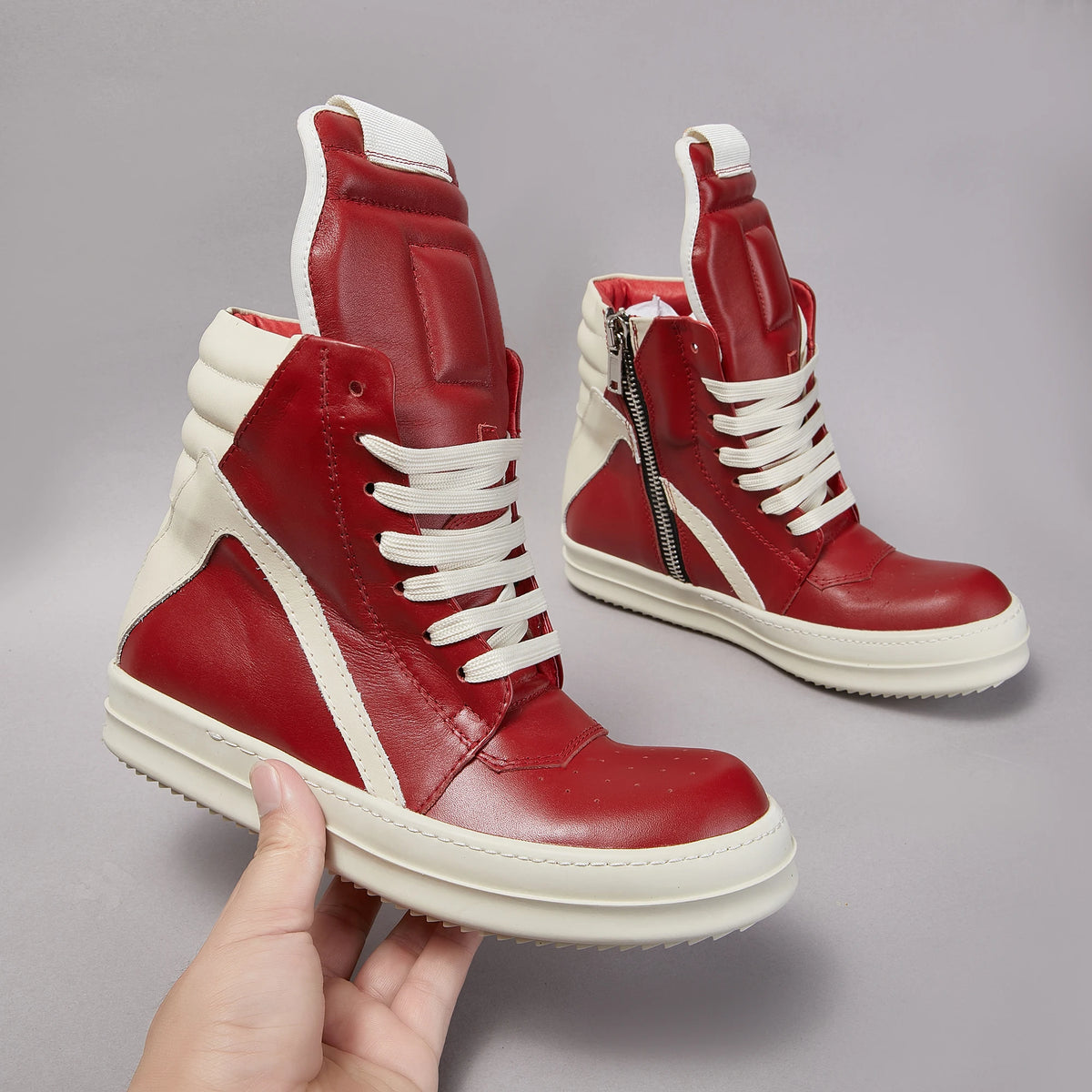 PENDRA Crimson Geobasket Red Leather High-Top Zip Lace-Up Thick-Sole Ankle Boots