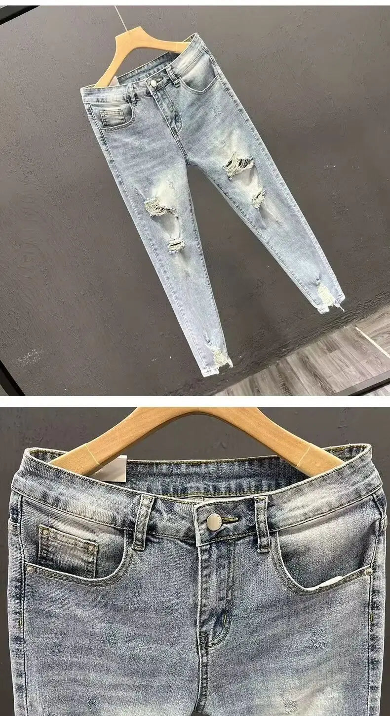 Luxury Fashion Designer Clothes Ripped Jeans Men's Trendy Brand 2025 Summer Ruffian Handsome Slim-fit Pants Elastic Thin Pants