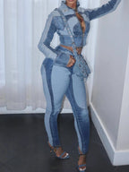 New Women's High-Elasticity, Fashionable, Sexy Color-Blocked Washed Denim Two-Piece Set, Featuring A Long-Sleeved Stand-Collar Zip-Up Top And Slim-Fit Jeans. Machine Washable.