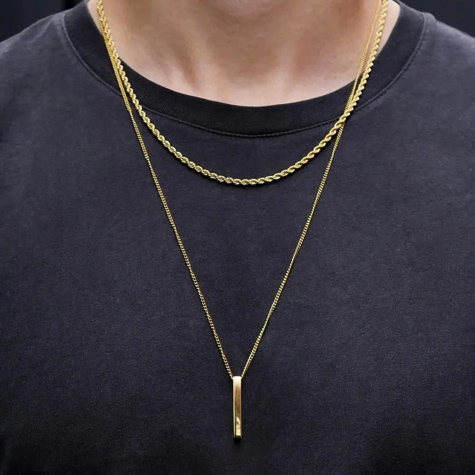 Mens Vertical Bar Necklaces,Stacking Stainless Steel Geometric Pendant with Wheat Rope Cuban Chain,Male Jewelry Gift