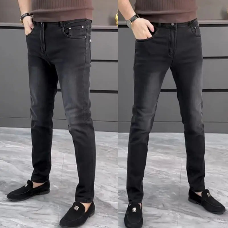 High-end Jeans Men's Spring and Summer Versatile Slim Pants  Black Trendy Brand Business Trousers Men Clothing Low Rise Jeans