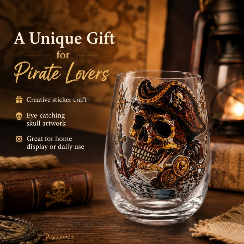 Vintage Pirate Captain Skull Stemless Whiskey Glass Nautical Anchor Compass Treasure Coin Print Heavy Base Bar Decor Tumbler