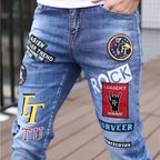 Spring Autumn Harajuku Fashion Art Craft Graphical Paintings 2000s Streetwear Male Slim Boyfriend Stylish Pants Denim Jeans Men