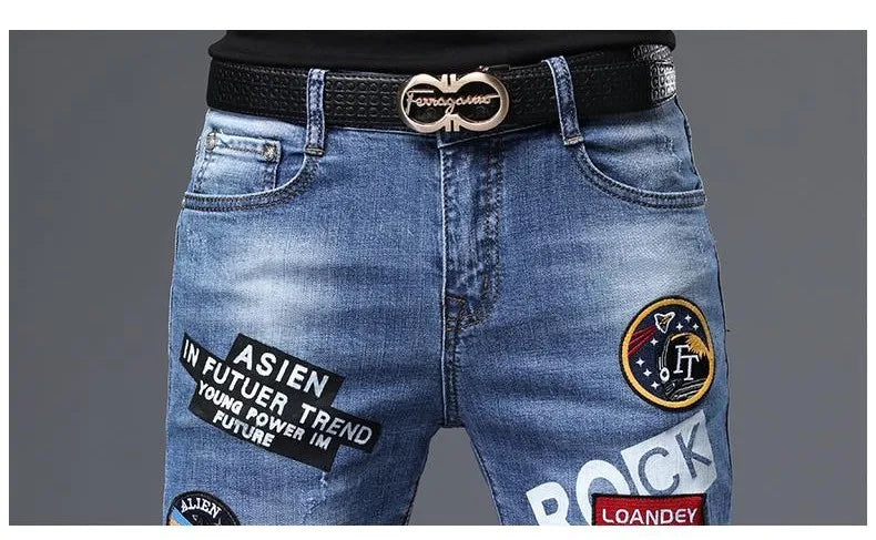 Spring Summer White Hot Drill Ripped Cowboy Korean Style Streetwear Men Washed Luxury Holes Slim Hip-hop Stylish Jeans Trousers