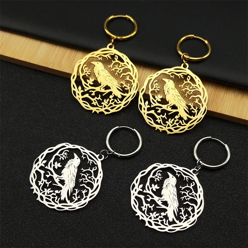 Goth Crow Hoops Ear Rings for Women Stainless Steel Gold Color Hollow Animal Raven Earrings Jewelry Halloween Gift EZZZ955S06