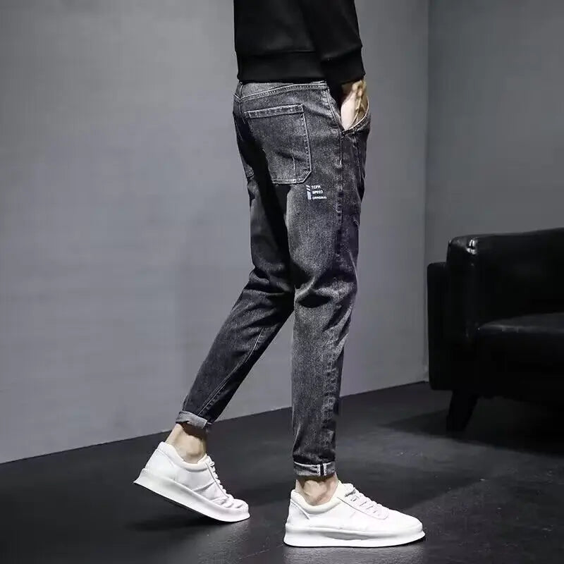 Autumn 2025 New Jeans Men's Trendy Brand Retro Casual Trousers Student Fashion Printing Elastic Skinny Jeans Men Trousers
