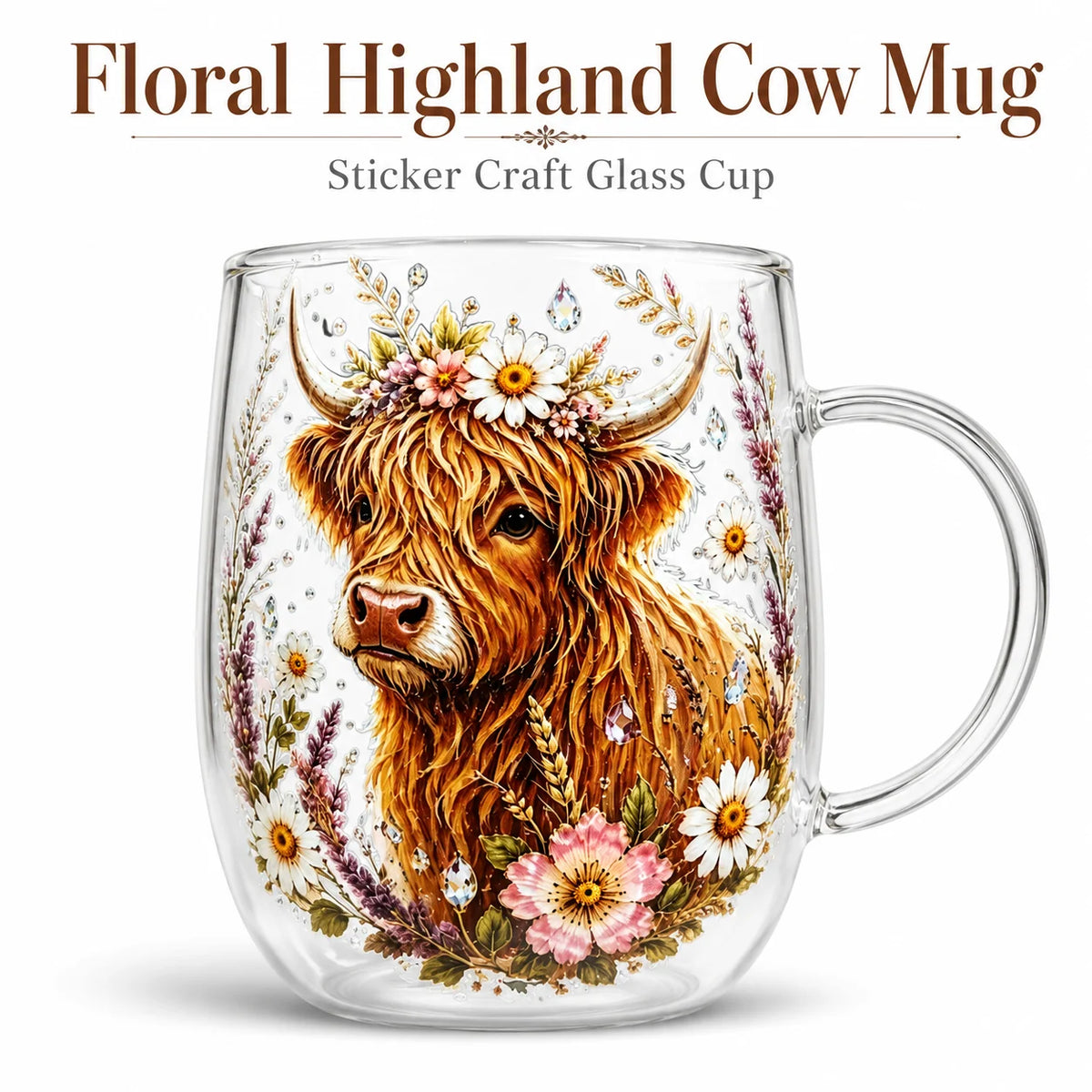 Vintage Highland Cattle Flower Sticker Glass,Double Layer Heat-resistant Coffee Cup,Home Office Drink Cup Collection Decorations