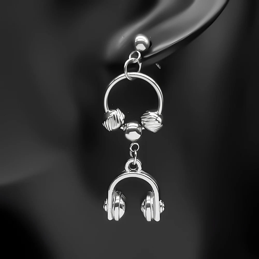 Hiphop Headset Musical Earrings Women Men Stainless Steel Silver Color Circle Dark Punk Male Y2K Drop Ear Rings Jewelry Gifts