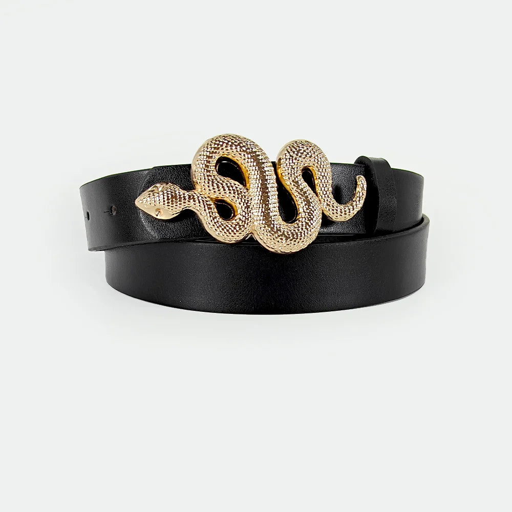 Hot Sale New Fashion Snake Belt Buckle with PU Leather Belt for Women Dress Designer Western Vintage Style Black Belts for Girls