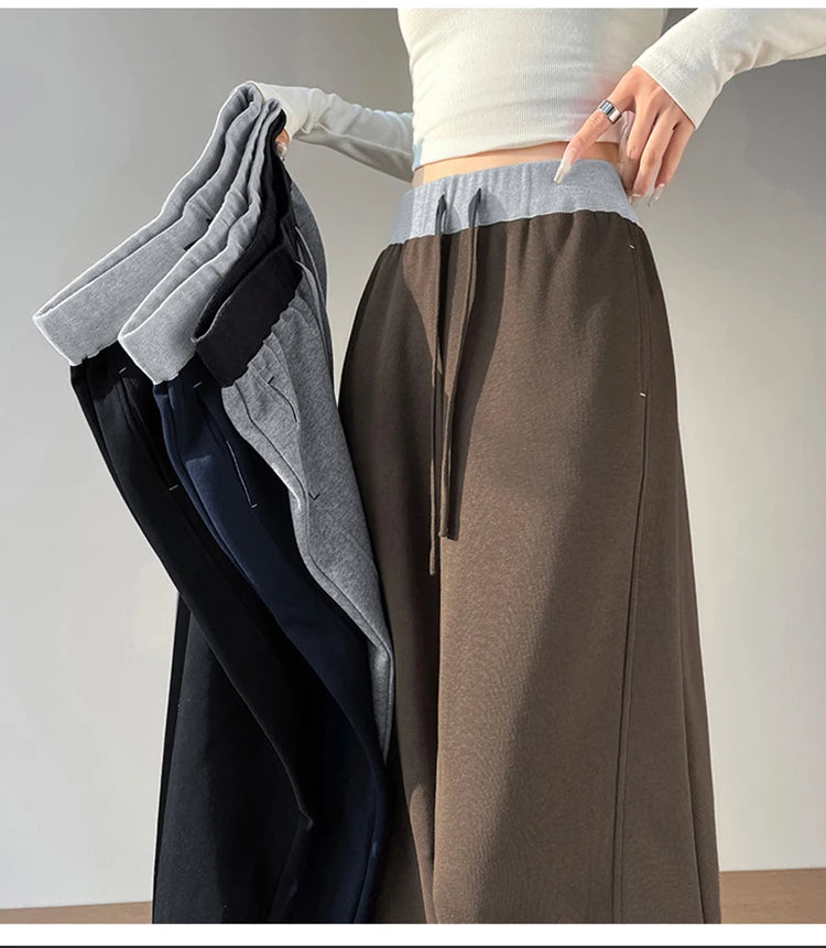 American style sports pants women in autumn and winter 2025 new style thick drawstring color blocking wide leg pants