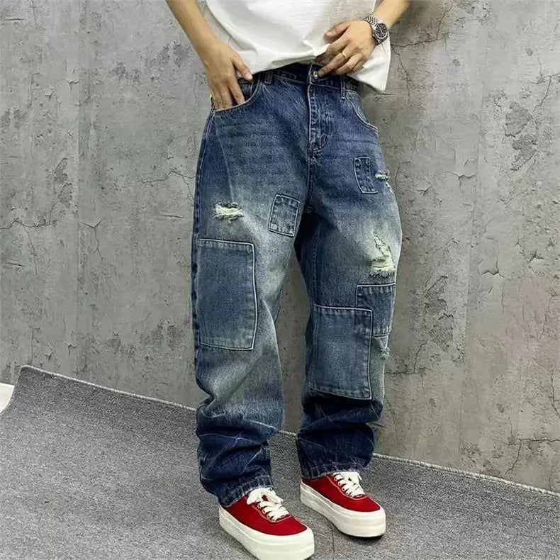Brand Splicing Jeans Autumn Fashion Loose Straight Harem Pants Washed Tooling Baggy Trousers Low Rise Streetwear Men Cargo Jeans